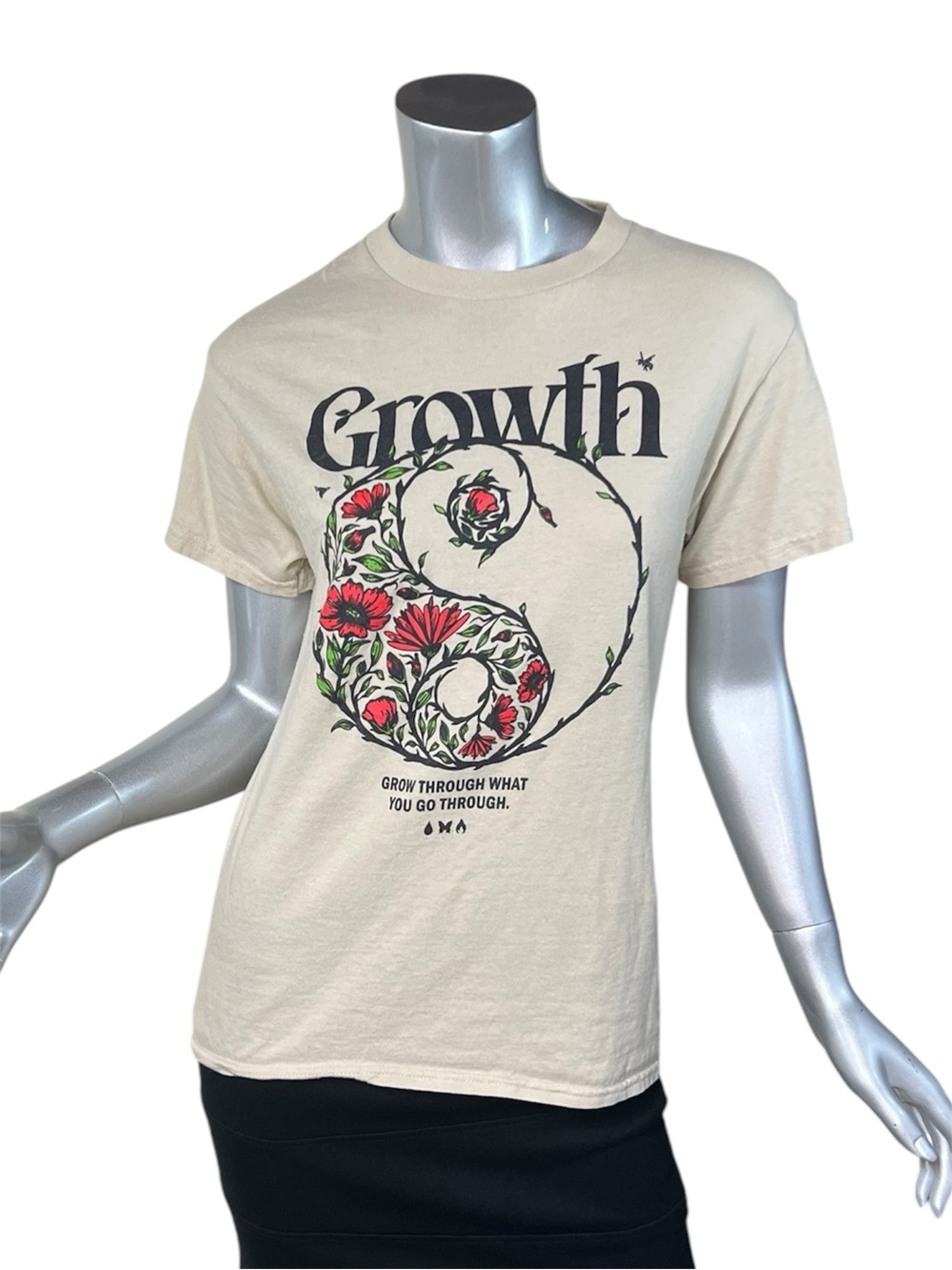 DOM Growth Graphic T Shirt Yin & Yang Crew Neck Beige Tee Adult Size SMALL